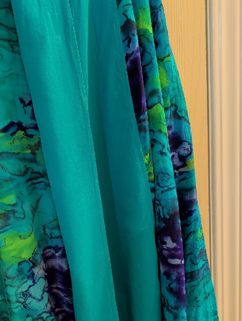 Diane Gilman 100% Silk Watercolor Cardigan Size M | Teal Open Front Duster Top - Picture 5 of 10